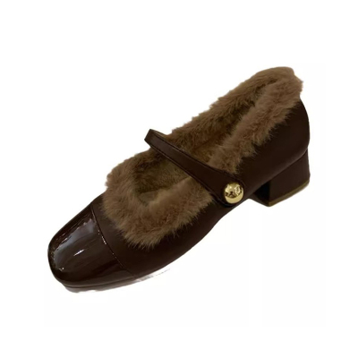 韩版粗跟圆头毛毛加绒保暖单鞋女