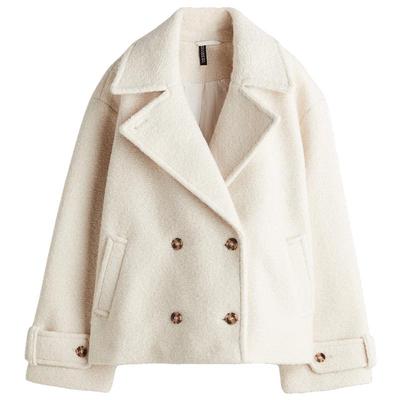 HM女装毛呢外套2025冬冬新款双排扣短款宽松翻领毛绒大衣1301400