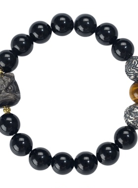 醒狮吞金兽招财手串做旧貔貅百搭黑曜石鹰眼石手链潮虎眼石送男友