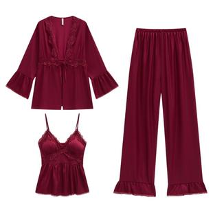 春秋款红色睡衣女蕾丝边性感吊带长裤三件套冰丝带胸垫家居服夏季