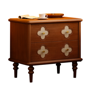 法式复古床头柜胡桃色实木收纳柜黑色中古风储物四叶草卧室床边柜