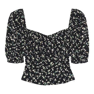 范洛显瘦泡泡袖方领碎花短袖上衣