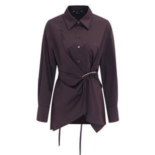 IDPAN紫红色老钱风衬衫翻领捏褶收腰通勤轻职场开衫秋季新款