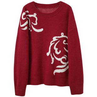 三彩2026春季新款宽松圆领新年针织衫休闲落肩袖毛衫提花M