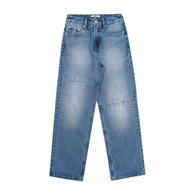中性风浅蓝解构拼接直筒牛仔裤