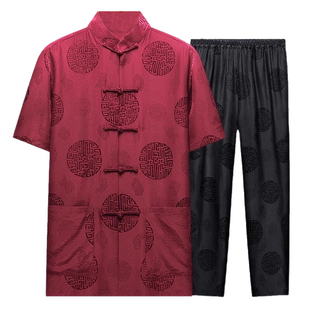 真丝唐装男桑蚕丝春夏长袖套装中式爸爸爷爷中老年人生日结婚礼服