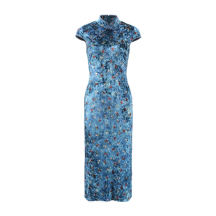 ooh itch痒痒「蓝色妖姬」新中式钻石丝绒修身旗袍连衣裙开叉裙