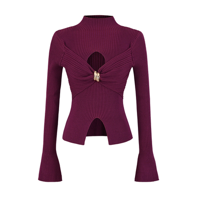 金属扭结镂空喇叭袖针织衫上衣