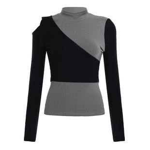 ROCKMORE【韩系休闲风】撞色假两件拼接高领长袖针衫修身露肩上衣