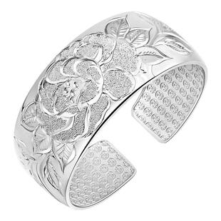 牡丹花银手镯女9999纯银实心款宽面繁花似锦银镯子送妈妈生日礼物