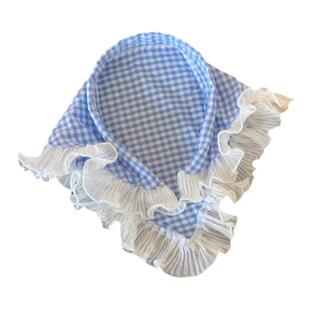 红蓝格子头巾发箍蕾丝三角巾女包头田园风发带高级感海边拍照头箍