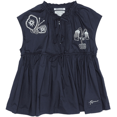 fafamoon设计师品牌夏季蕾丝棉质系带无袖衬衫刺绣衬衣女