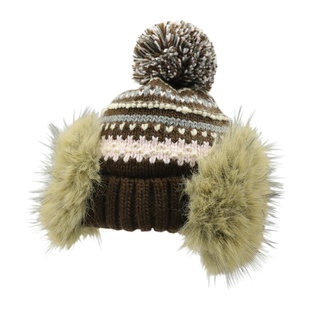 费尔岛条纹毛绒护耳针织帽子女冬季大头围可爱毛球包头帽保暖冷帽