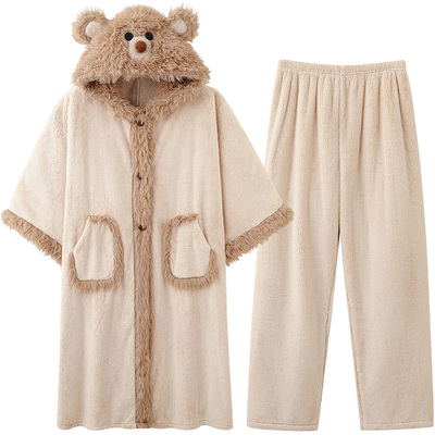 可爱小熊斗篷睡袍女秋冬季