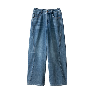 高定 立裁斜线分割加绒加厚牛仔裤宽松显瘦休闲裤高腰阔腿镰刀裤