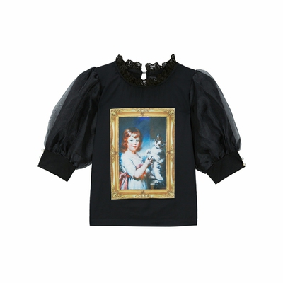 油画贴布珍珠纽扣花边领泡泡袖