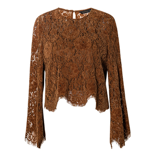 罗衣时尚精致蕾丝日常休闲衬衫女春优雅圆领雪尼尔咖色上衣12778