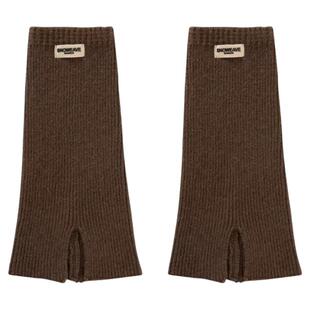 秋冬韩系ins字母布标羊毛开叉袜套中筒堆堆袜子女针织棕色护腿套