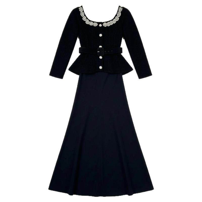 轻奢风一字领收腰A字连衣裙长裙