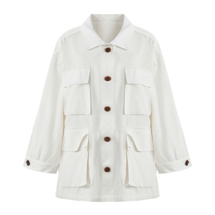 DeesseSicile白色老钱旅行者大口袋工装风亚麻宽松翻领外套风衣女