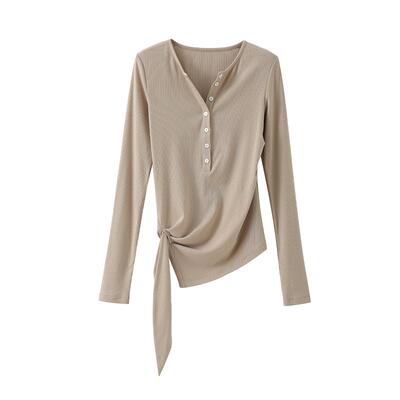 POPCHRIO亨利领绑带收腰长袖T恤