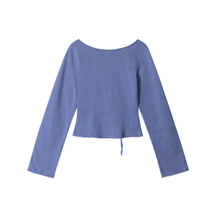 辣到中暑春秋新款美式辣妹极简风条纹露背长袖T恤短款打底衫上衣