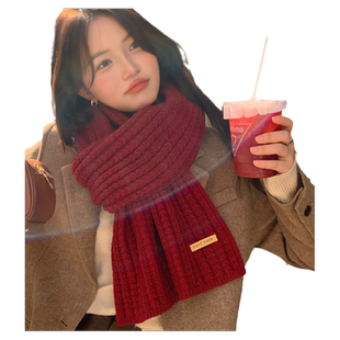 2024围巾女生冬季韩版百搭学生长款纯色针织毛线加厚保暖红色围脖