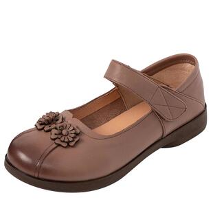 木林森女鞋真皮浅口单鞋软底舒适妈妈鞋中老年魔术贴平底防滑皮鞋