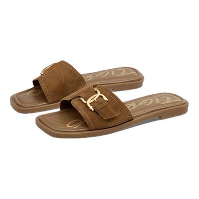 竹夏蹀愫25年方头羊皮一字凉拖女沙滩度假外穿平底拖鞋TA65313-52