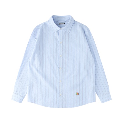 Randomevent蓝条纹衬衫褶皱纹理轻量简约经典蓝白全棉条纹七巧板