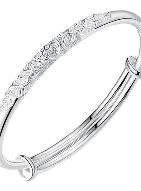 花开富贵银手镯女9999纯银年轻款实心足银镯子送妈妈女友生日礼物