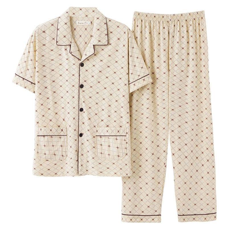正品100%纯棉睡衣男夏季短袖长裤青年夏天薄款全棉休闲家居服套装