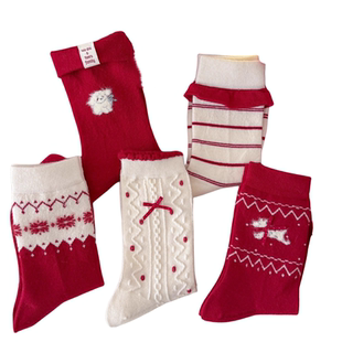 红袜子本命年纯棉马年中筒袜女款费尔岛新年礼物可爱无骨秋冬长袜