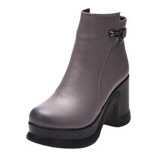 2025秋冬新款欧美风牛皮短靴女拉链坡跟高跟马丁靴女皮靴女鞋皮靴