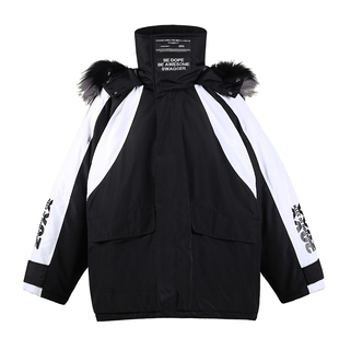 彼岸潮社33TH国潮牌冬季棉衣黑白熊猫毛领情侣男女棉服座山雕外套
