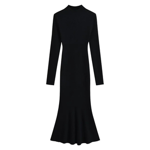 alex stevens黑色半高领连衣裙女春秋季内搭a字鱼尾裙长款打底裙