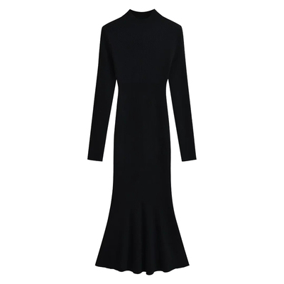 alex stevens黑色半高领连衣裙女春秋季内搭a字鱼尾裙长款打底裙