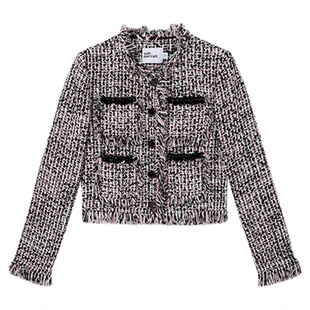 self-portrait 秋冬黑格子小香风编织花呢外套上衣