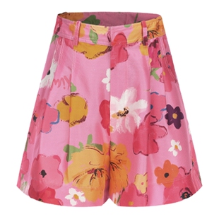 【江疏影同款】XIAOLI筱李春夏粉色印花双宫真丝休闲A字型短裤