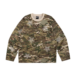 BURNIN*火苗花迷彩华夫格长袖T恤男秋冬美式街头复古休闲宽松上衣
