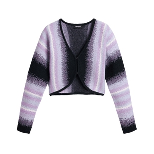 Desigual26春夏新品浅紫色渐变条纹提花弧形门襟开衫女士针织衫