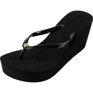 宝人新款人字拖女厚底坡跟沙滩凉拖鞋高跟外穿夹脚白色水钻女拖鞋