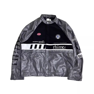 RHIMEUSA美式拼接pu皮衣夹克