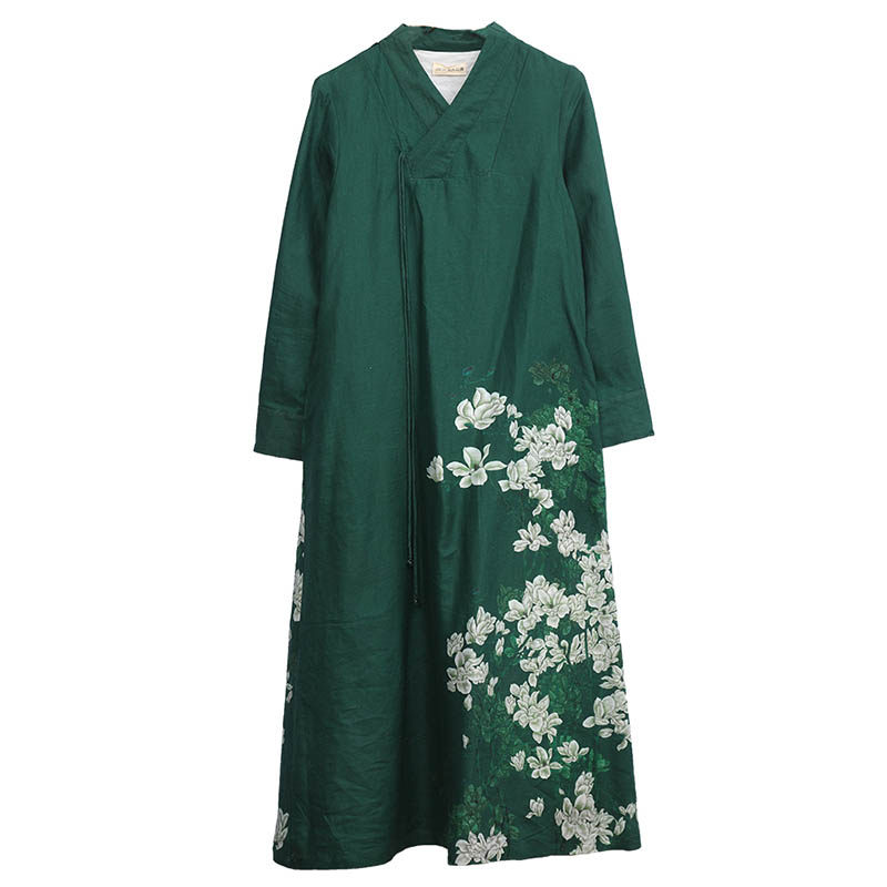 苎麻印花长袖连衣裙女汉服宽松春