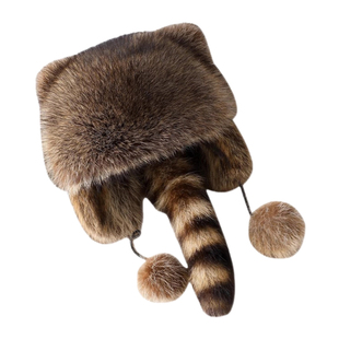 小浣熊帽子女霸王帽护耳尾巴皮草雷锋帽冬季加绒加厚男儿童秋冬