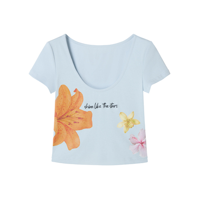 Uena蓝色花朵印花短款T恤