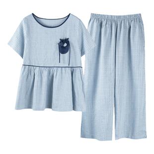 梭织棉纱布睡衣女夏季纯棉短袖七分裤薄款2026新款夏天棉布家居服