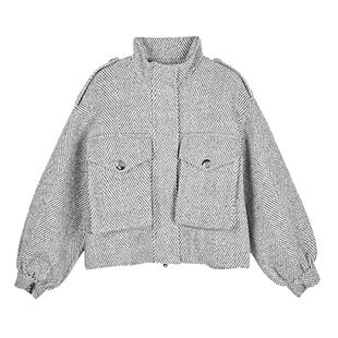 S·DEER圣迪奥女装时尚立领条纹落肩袖短款外套S20482211