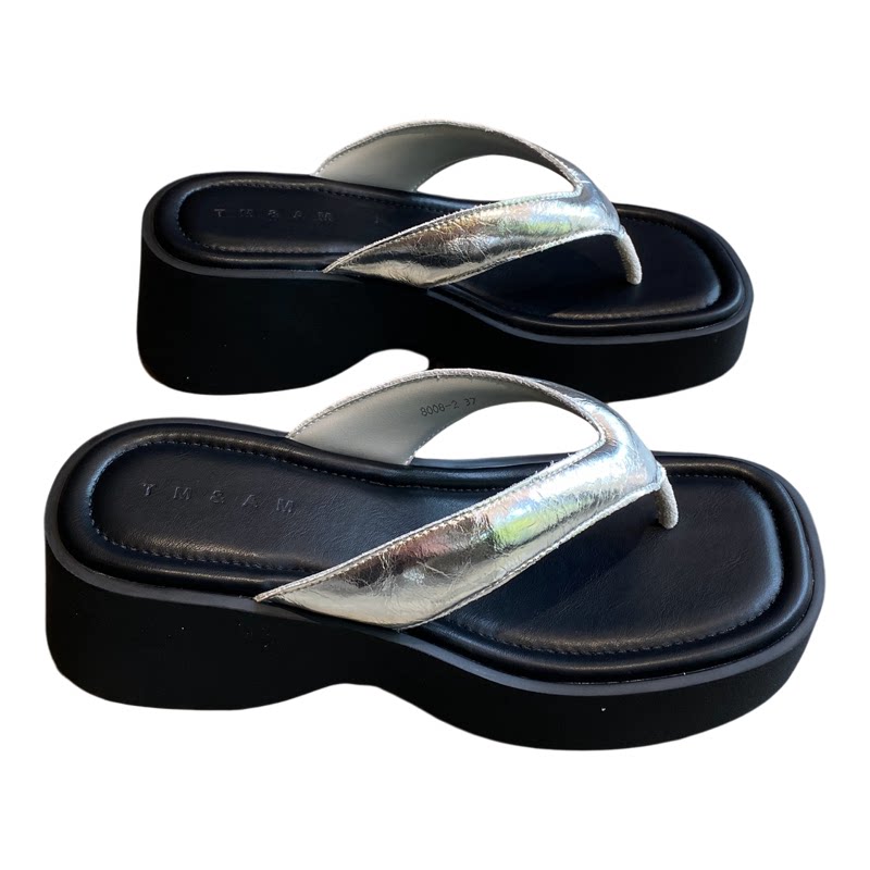 银色欧美风厚底坡跟女士人字拖