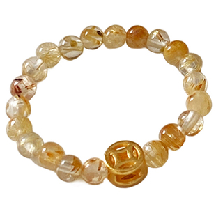 OkFineyard天然金发晶串珠戒指女招财铜钱旺财水晶弹力食指环尾戒